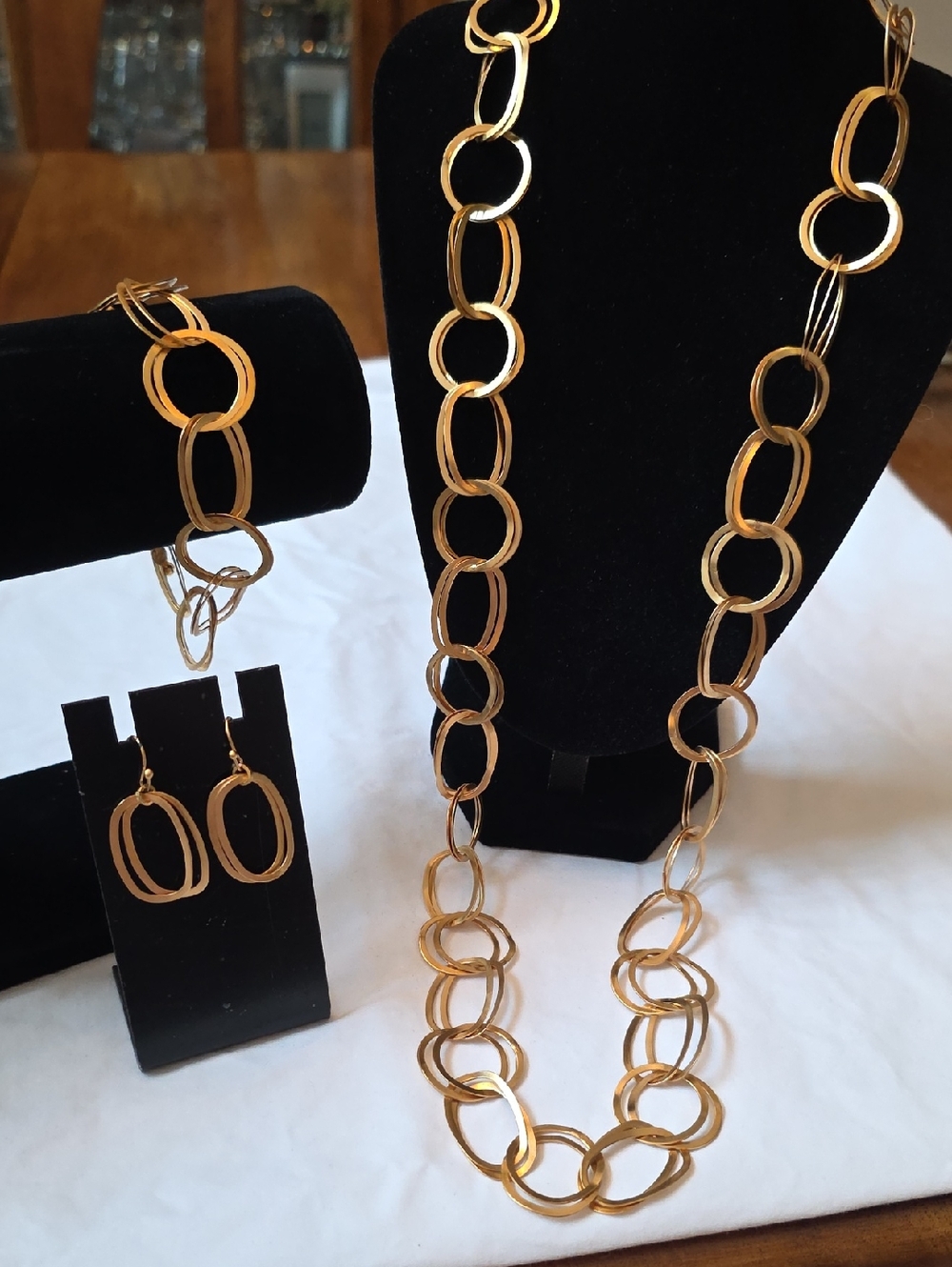 Premier Designs Vintage Gold Tone Double Ring Necklace, Bracelet & Earring Set
